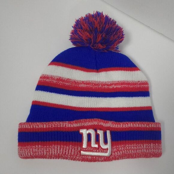 NFL New York Giants Adult Knit Beanie Hat Striped Fleece Lined Blue Red Football - Picture 1 of 7